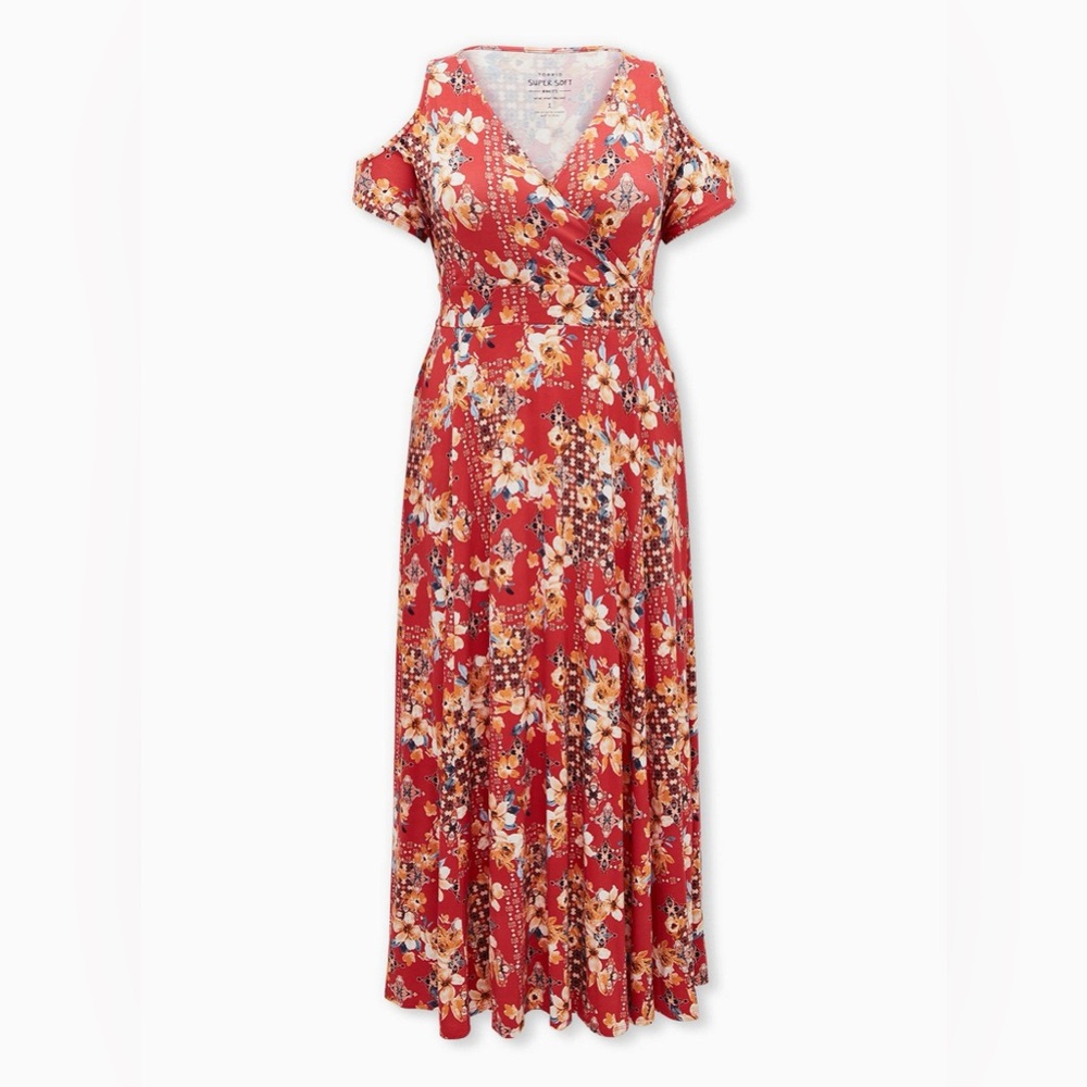 Super Soft Orange Red Floral Cold Shoulder Maxi Dress